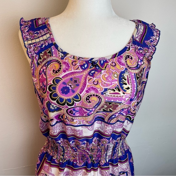 Mimmer Bohemian Vibrant Paisley Print Satin Sleeveless Dress Women’s size Large - Picture 2 of 7